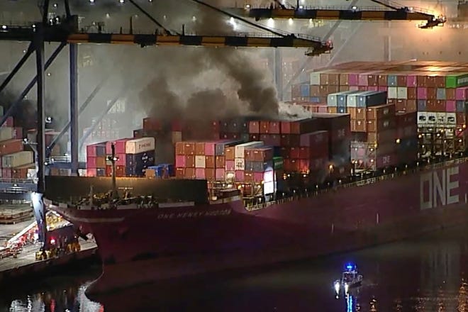 Fire breaks out on cargo ship in Los Angeles carrying hazardous materials