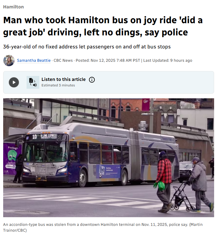 Man steals bus in Hamilton, picks up and drops off passengers