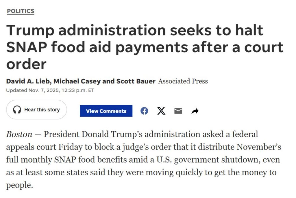 Trump administration halts full SNAP funding following court order