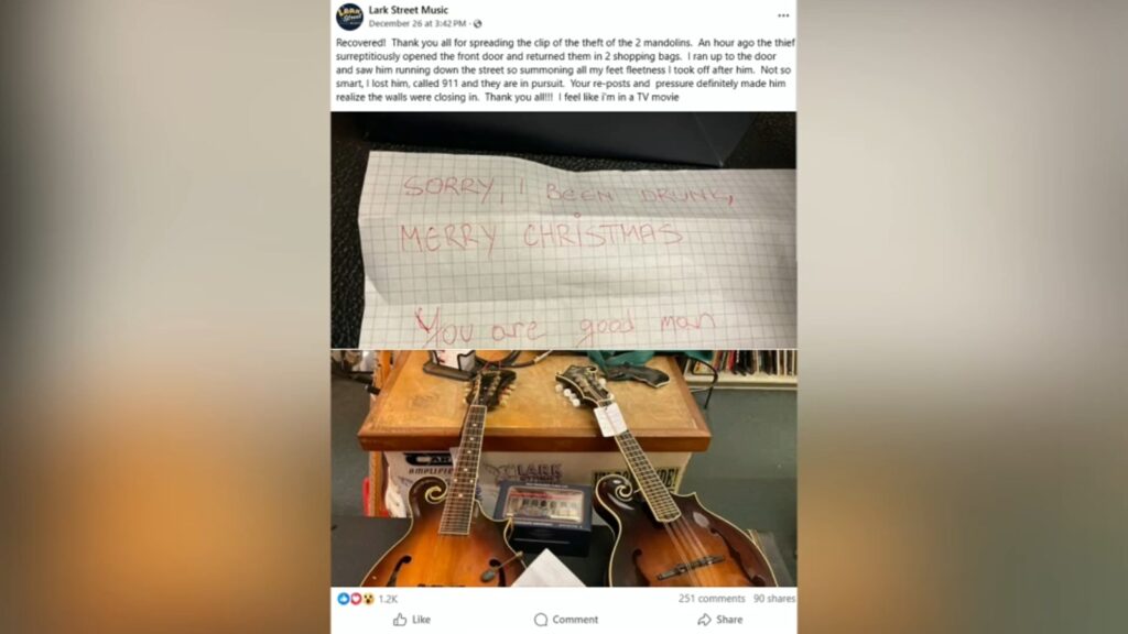 Man returns stolen mandolins to New Jersey shop, cites intoxication